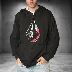 Volcom Stone Hoodie Black Zip Up Graphic Sweatshirt Y2K Skater Streetwear
